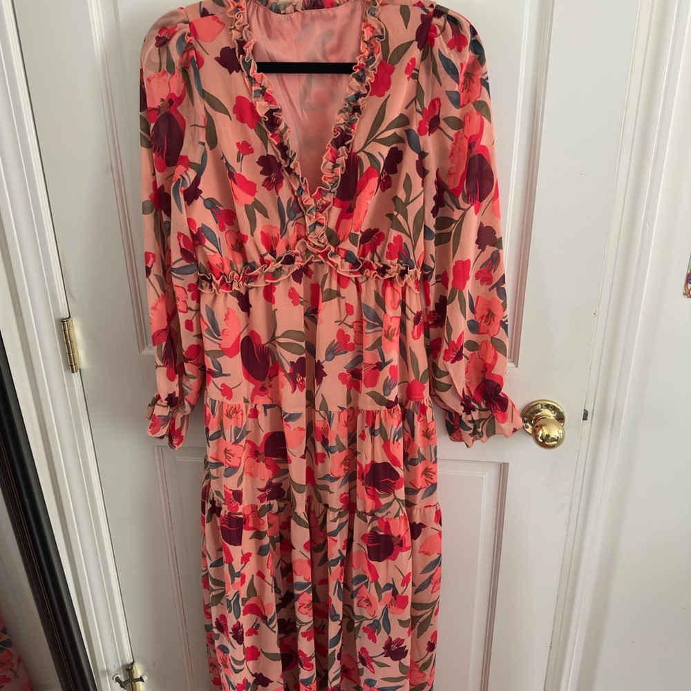 Amazon Orange and Pink Long Sleeve Sundress with Plunge Neckline